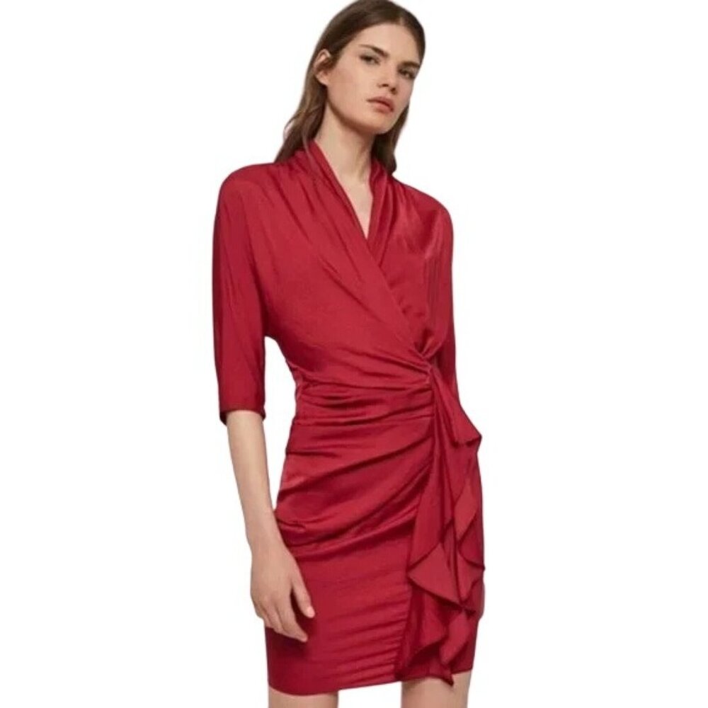 Allsaints Red Issey Faux Wrap Ruched Ruffle Satin Dress Womens Size 4
